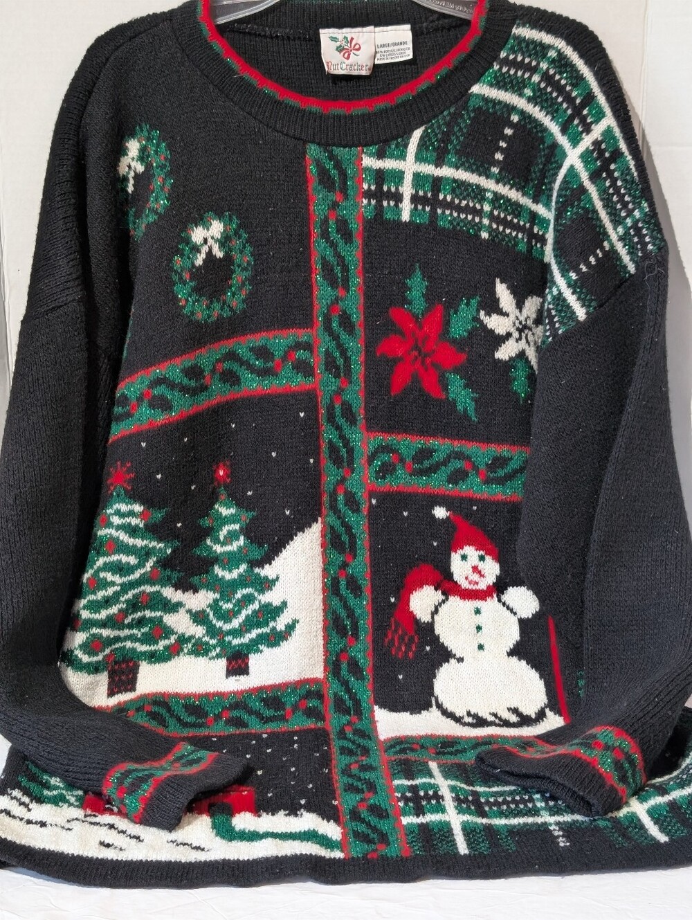 Vintage Nutcracker Ugly Christmas Sweater L Snowman Plaid Holiday Black